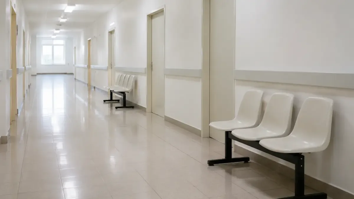 Pasillo vacío de un hospital público con sillas de espera en fila.