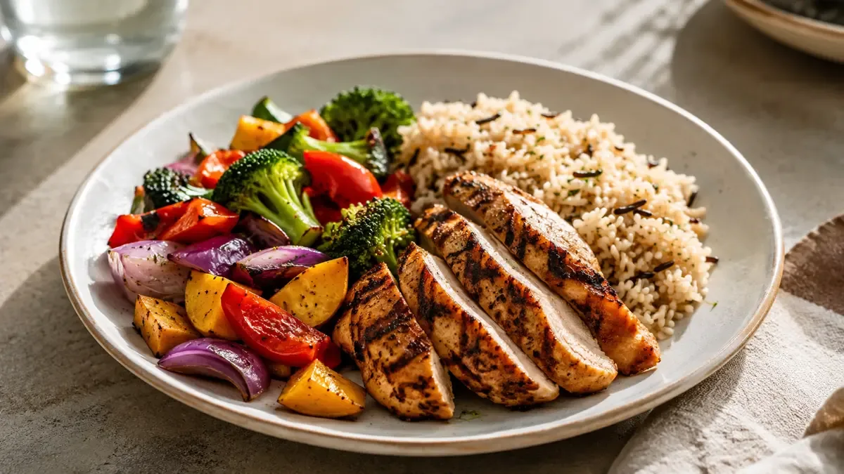 Plato con comida balanceada de vegetales, proteína y granos